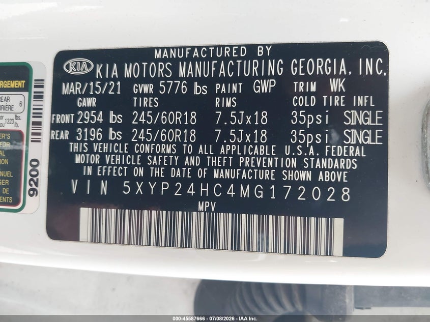 2021 Kia Telluride VIN 5XYP24HC4MG172028 IAAI salvage auction — NORMAL WEAR, Clear (Florida), sold $5,075 on 2026-07-29 (photo 9)
