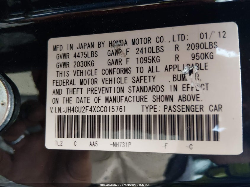 2012 Acura Tsx VIN JH4CU2F4XCC015761 IAAI salvage auction — LEFT FRONT, Clear (Virginia), sold $3,000 on 2026-08-02 (photo 9)