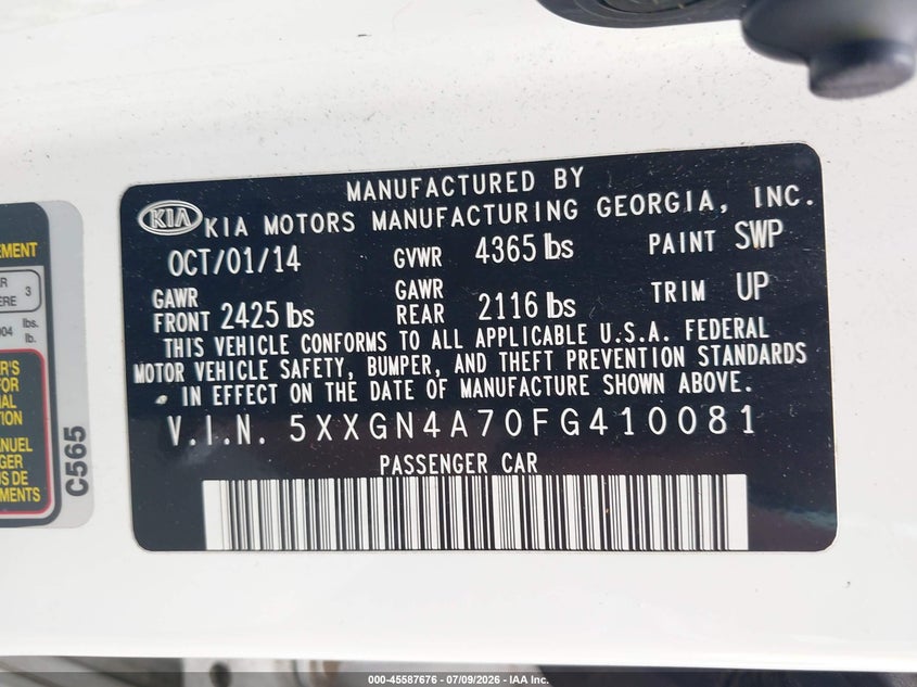 2015 Kia Optima VIN 5XXGN4A70FG410081 IAAI salvage auction — REAR END, Salvage - Greater Than 75% (Maryland), sold $25 on 2026-07-23 (photo 9)