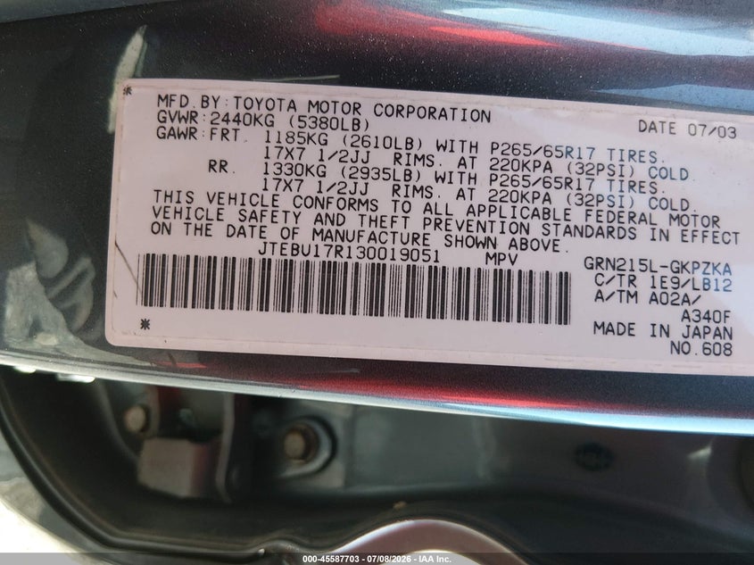 2003 Toyota 4runner VIN JTEBU17R130019051 IAAI salvage auction — NORMAL WEAR, Clear (New Jersey), sold $1,900 on 2026-07-30 (photo 9)