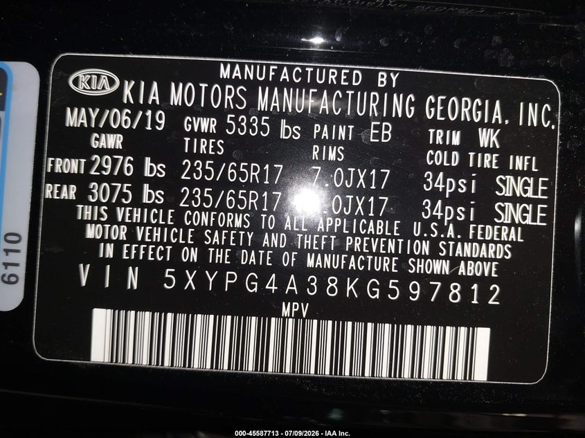 2019 Kia Sorento VIN 5XYPG4A38KG597812 IAAI salvage auction — ALL OVER, Salvage (North Carolina), sold $2,100 on 2026-07-30 (photo 9)