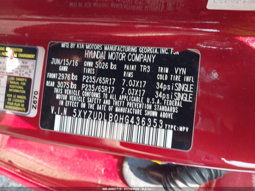 2017 Hyundai Santa fe VIN 5XYZUDLB0HG436353 IAAI salvage auction — NORMAL WEAR, Clear (New Jersey), sold $1,350 on 2026-07-20 (photo 9)