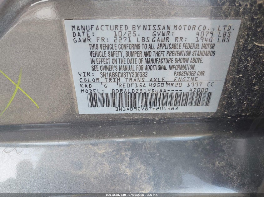 2026 Nissan Sentra VIN 3N1AB9CV8TY206383 IAAI salvage auction — FRONT END, Salvage (Missouri), sold $9,500 on 2026-07-26 (photo 9)