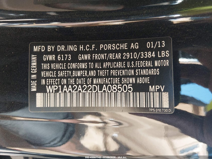 2013 Porsche Cayenne VIN WP1AA2A22DLA08505 IAAI salvage auction — LEFT REAR, Salvage (North Carolina), sold $2,650 on 2026-08-07 (photo 9)