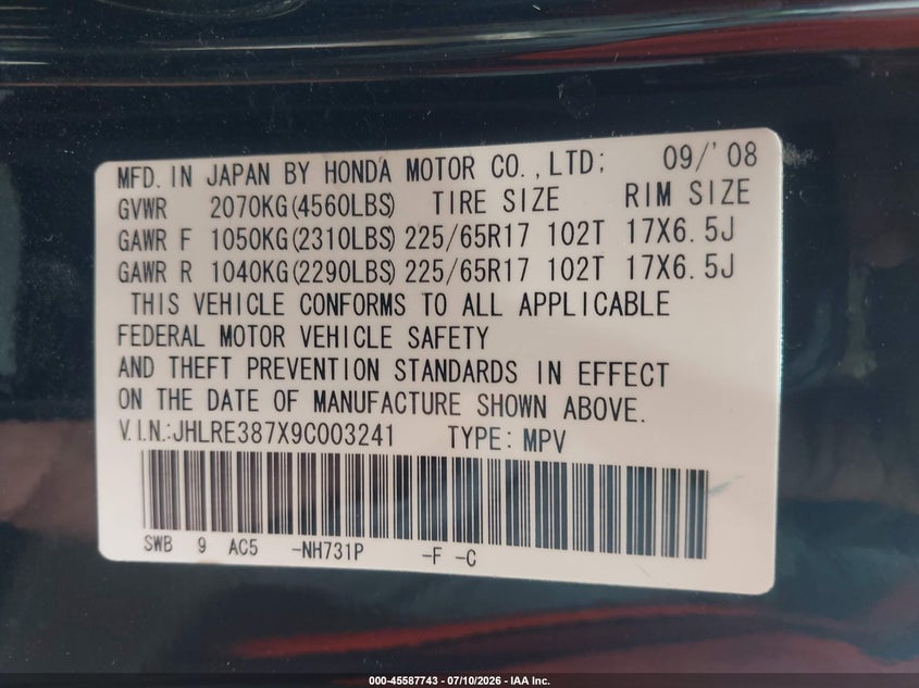 2009 Honda Cr-v VIN JHLRE387X9C003241 IAAI salvage auction — NORMAL WEAR, Clear (Illinois), sold $1,400 on 2026-07-28 (photo 9)