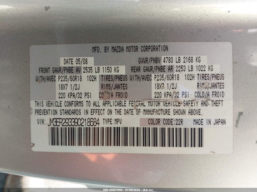 2009 Mazda Cx-7 VIN JM3ER293390218684 IAAI salvage auction — NORMAL WEAR, Clear (Texas), sold $325 on 2026-07-30 (photo 9)