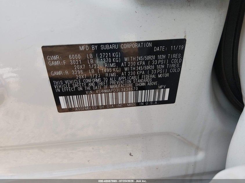 2020 Subaru Ascent VIN 4S4WMAPD3L3438670 IAAI salvage auction — RIGHT SIDE, Salvage (West Virginia), sold $7,300 on 2026-08-27 (photo 9)
