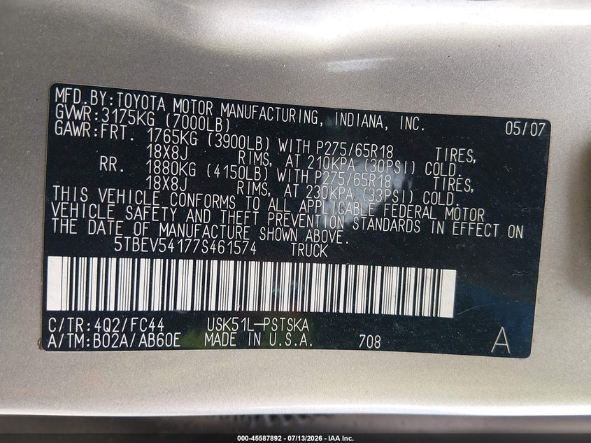 2007 Toyota Tundra VIN 5TBEV54177S461574 IAAI salvage auction — NORMAL WEAR, Clear (Georgia), sold $1,850 on 2026-07-30 (photo 9)