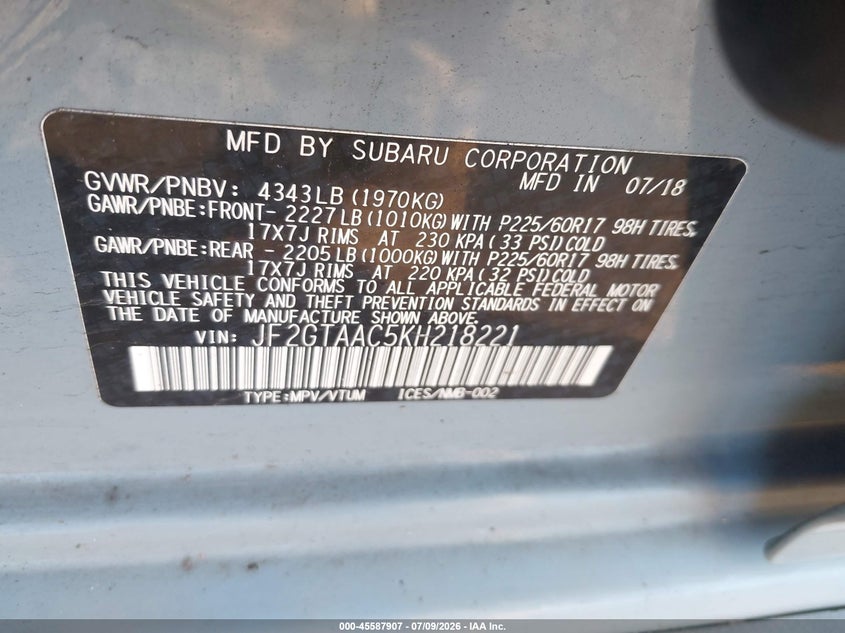 2019 Subaru Xv VIN JF2GTAAC5KH218221 IAAI salvage auction — FRONT & REAR, Mv-907A (New York), sold $25 on 2026-07-28 (photo 9)
