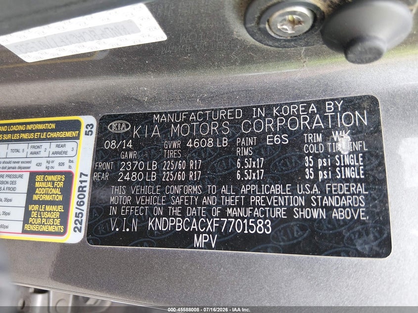 2015 Kia Sportage VIN KNDPBCACXF7701583 IAAI salvage auction — NORMAL WEAR, Clear (Washington), sold $25 on 2026-07-29 (photo 9)