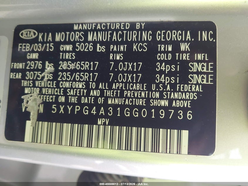 2016 Kia Sorento VIN 5XYPG4A31GG019736 IAAI salvage auction — LEFT FRONT, Salvage (North Carolina), sold $1,500 on 2026-08-02 (photo 9)
