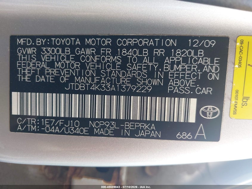 2010 Toyota Yaris VIN JTDBT4K33A1379229 IAAI salvage auction — NORMAL WEAR, Original (Vermont), sold $50 on 2026-07-30 (photo 9)