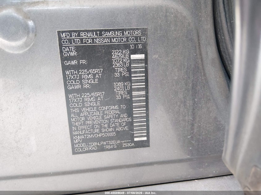 2017 Nissan Rogue VIN KNMAT2MV0HP509165 IAAI salvage auction — FRONT END, Salvage Title, sold $25 on 2026-07-28 (photo 9)