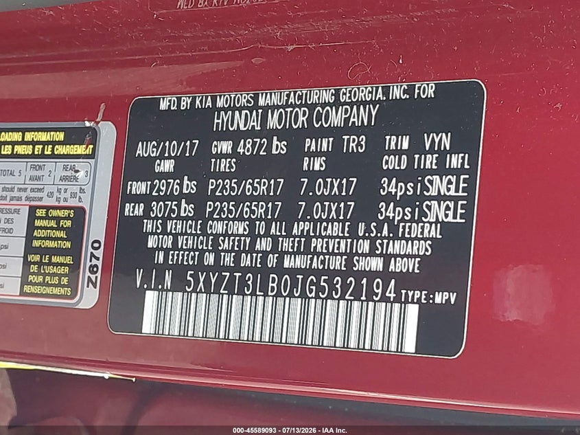 2018 Hyundai Santa fe VIN 5XYZT3LB0JG532194 IAAI salvage auction — NORMAL WEAR, Clear (Mississippi), sold $1,875 on 2026-07-30 (photo 9)