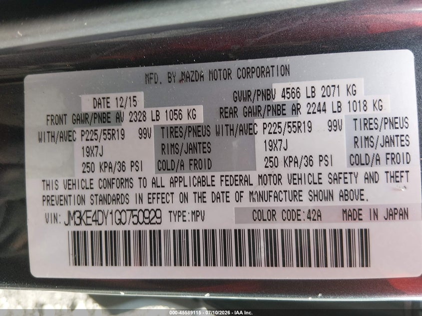 2016 Mazda Cx-5 VIN JM3KE4DY1G0750929 IAAI salvage auction — REAR END, Salvage (Idaho), sold $1,550 on 2026-07-23 (photo 9)