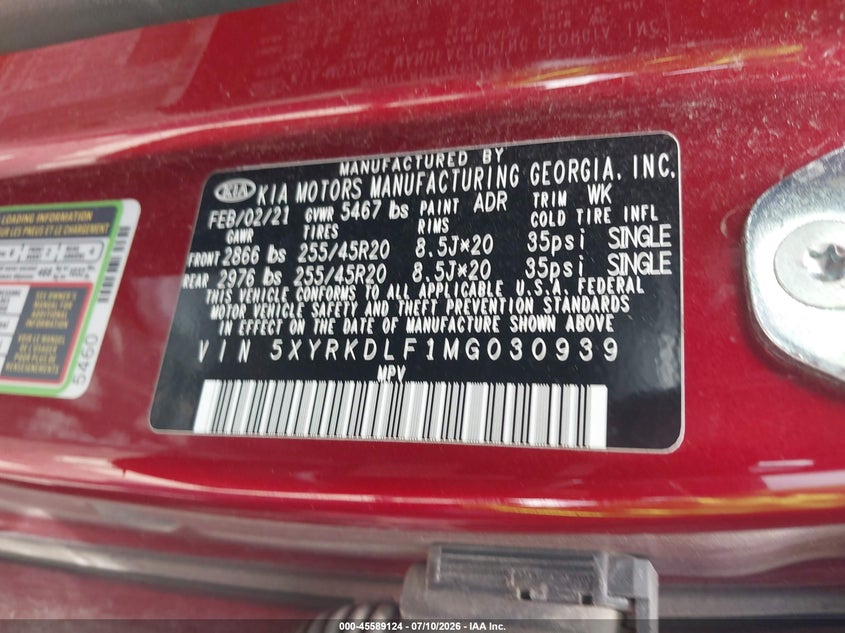 2021 Kia Sorento VIN 5XYRKDLF1MG030939 IAAI salvage auction — FRONT & REAR, Salvage Title, sold $6,500 on 2026-09-02 (photo 9)