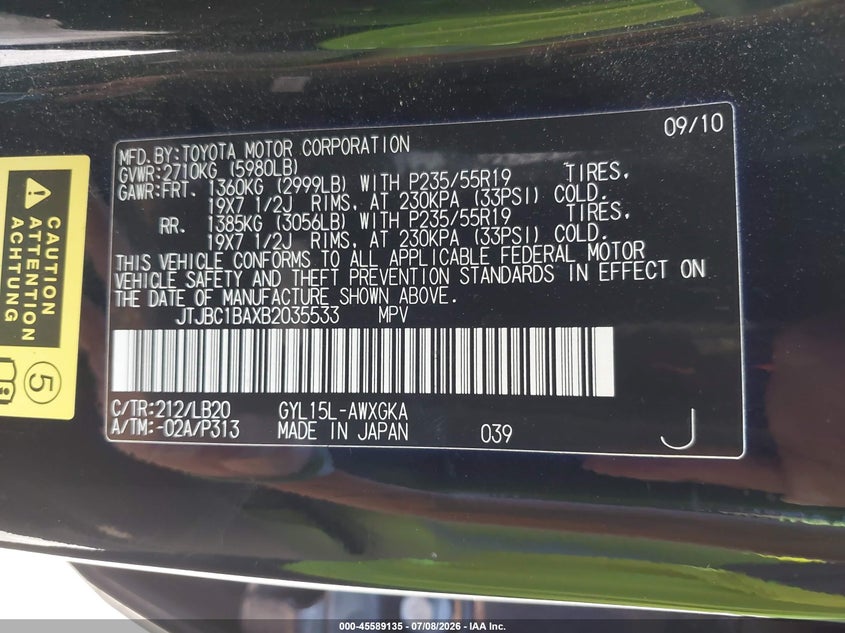 2011 Lexus Rx 450h VIN JTJBC1BAXB2035533 IAAI salvage auction — NORMAL WEAR, Clear - Dealer Only (California), sold $2,000 on 2026-07-28 (photo 9)