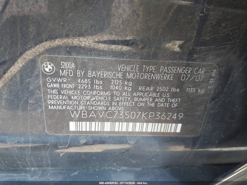 2007 BMW 3er VIN WBAVC73507KP36249 IAAI salvage auction — ALL OVER, Salvage - Greater Than 75% (Maryland), sold $200 on 2026-08-01 (photo 9)