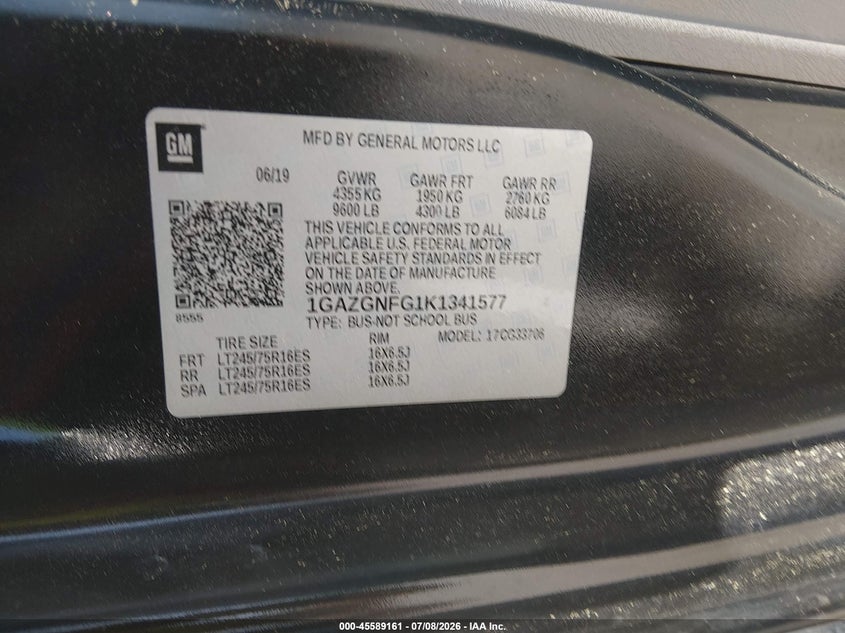 2019 Chevrolet Express 3500 VIN 1GAZGNFG1K1341577 IAAI salvage auction — NORMAL WEAR, SF97 (Rhode Island), sold $18,750 on 2026-07-23 (photo 9)