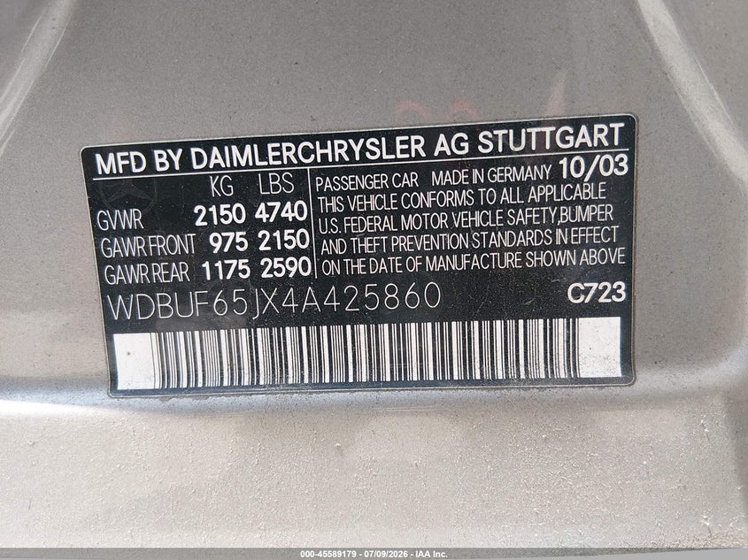 2004 Mercedes-benz E-class VIN WDBUF65JX4A425860 IAAI salvage auction — FRONT END, Mv-907A (New York), sold $800 on 2026-08-04 (photo 9)