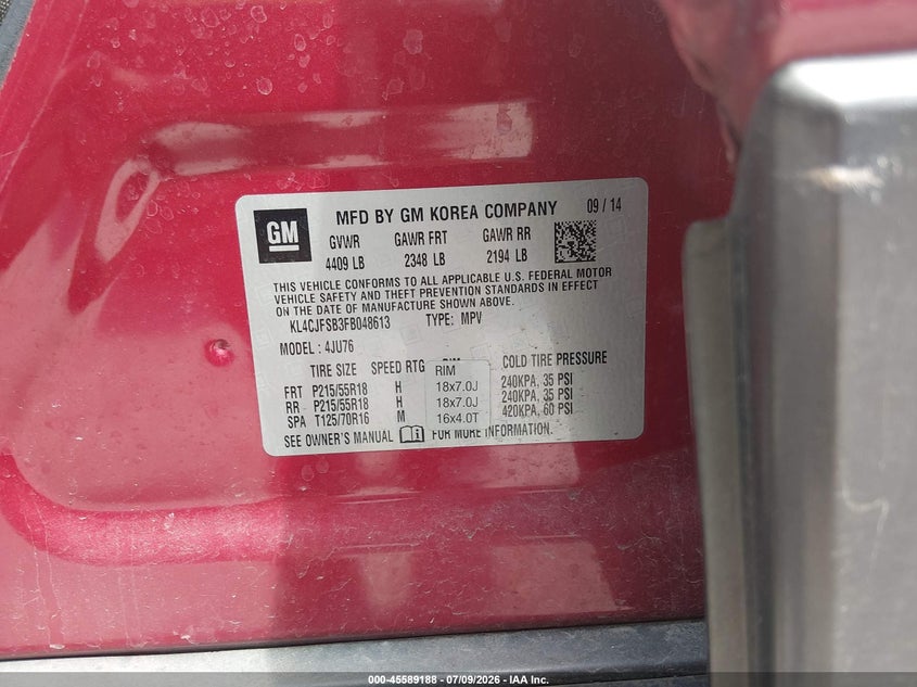 2015 Buick Encore VIN KL4CJFSB3FB048613 IAAI salvage auction — FRONT END, Mv-907A (New York), sold $400 on 2026-07-23 (photo 9)