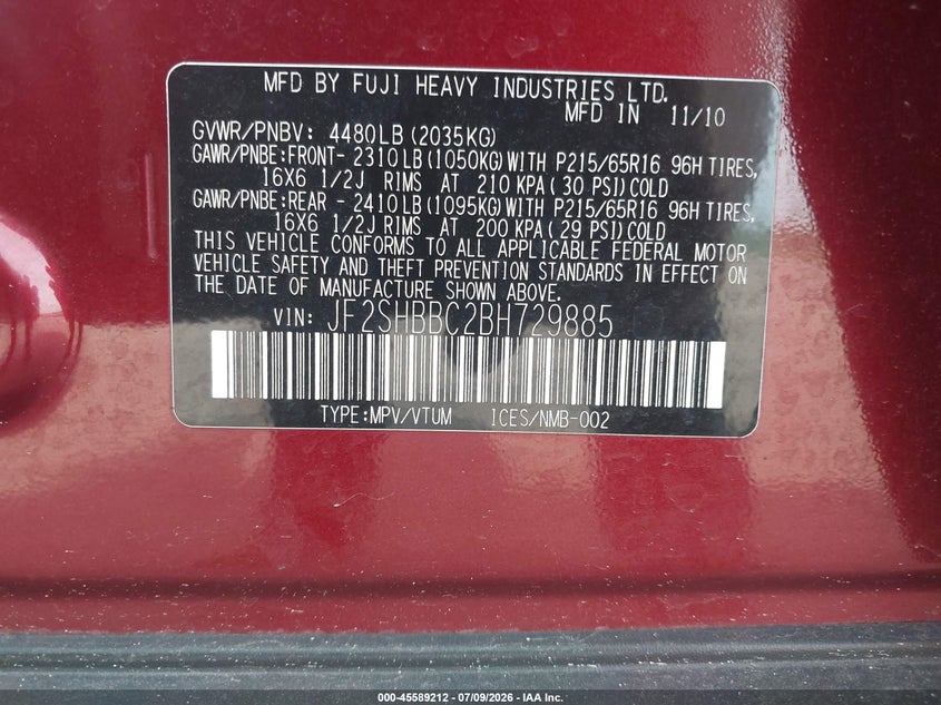 2011 Subaru Forester VIN JF2SHBBC2BH729885 IAAI salvage auction — FRONT END, Parts Only Bos (Minnesota), sold $25 on 2026-07-29 (photo 8)