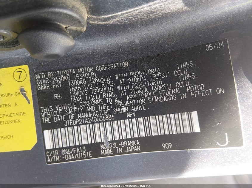 2004 Toyota Highlander VIN JTEDP21A240036886 IAAI salvage auction — NORMAL WEAR, Clear (California), sold $825 on 2026-07-29 (photo 9)