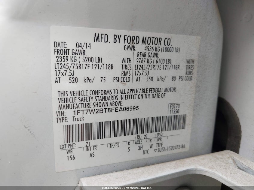 2015 Ford F250 VIN 1FT7W2BT8FEA06995 IAAI salvage auction — FRONT END, Salvage (Tennessee), sold $3,500 on 2026-07-26 (photo 8)