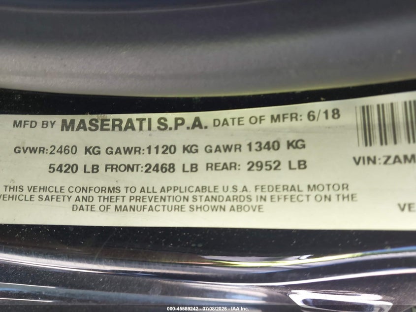 2019 Maserati Ghibli VIN ZAM57XSA9K1310088 IAAI salvage auction — FRONT END, Salvage Title, sold $1,200 on 2026-08-11 (photo 9)