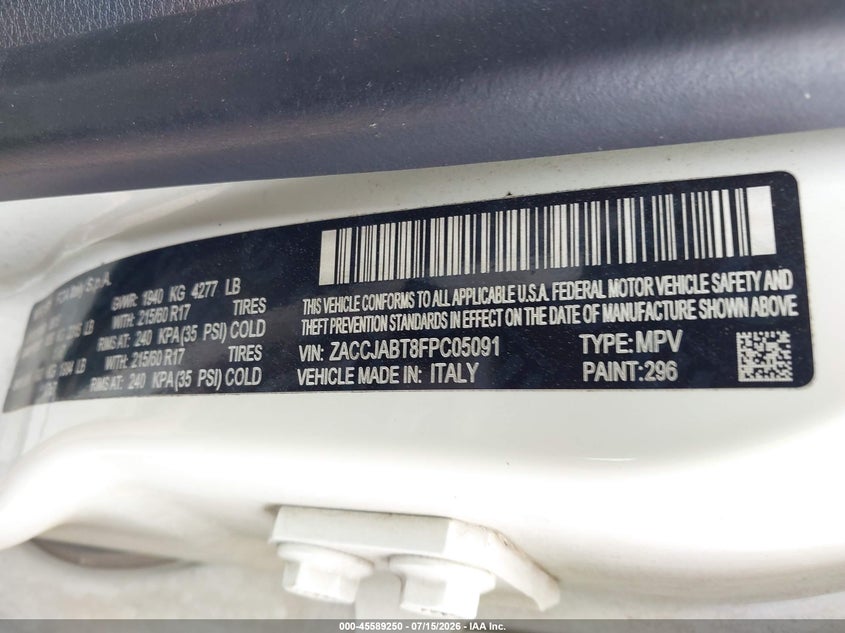 2015 Jeep Renegade VIN ZACCJABT8FPC05091 IAAI salvage auction — FRONT END, Salvage Title, sold $600 on 2026-08-12 (photo 9)