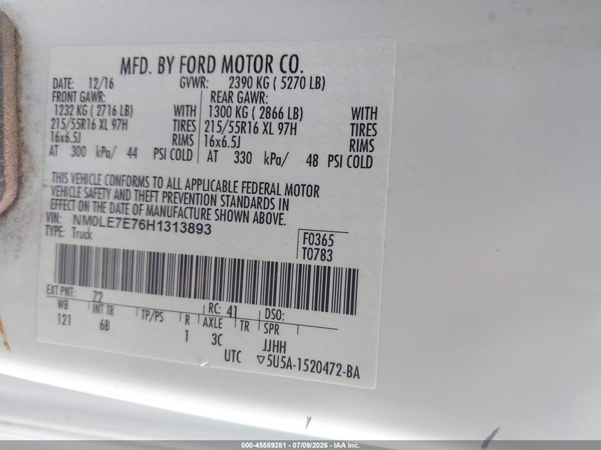 2017 Ford Transit VIN NM0LE7E76H1313893 IAAI salvage auction — UNKNOWN, Salvage Title, sold $525 on 2026-07-30 (photo 9)