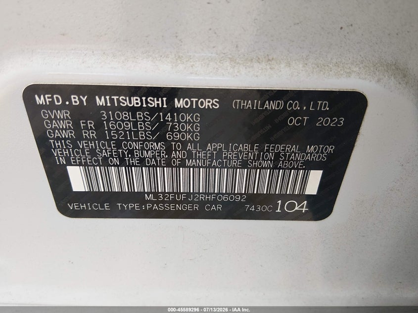 2024 Mitsubishi Mirage VIN ML32FUFJ2RHF06092 IAAI salvage auction — RIGHT FRONT, Salvage (North Carolina), sold $2,550 on 2026-08-27 (photo 9)
