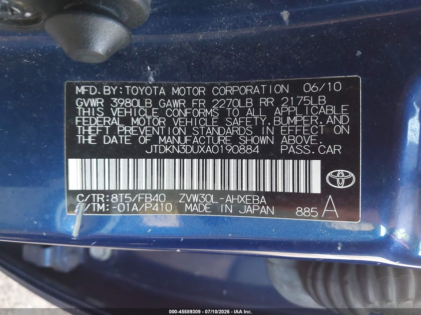 2010 Toyota Prius VIN JTDKN3DUXA0190884 IAAI salvage auction — NORMAL WEAR, Clear (Illinois), sold $3,050 on 2026-07-15 (photo 9)