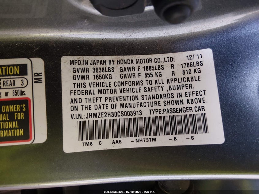 2012 Honda Insight VIN JHMZE2H30CS003913 IAAI salvage auction — FRONT & REAR, Clear (Georgia), sold $250 on 2026-07-31 (photo 9)