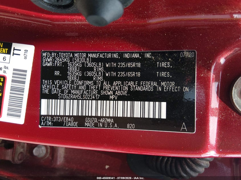 2020 Toyota Highlander VIN 5TDGZRAH5LS023417 IAAI salvage auction — FRONT END, Salvage Title, sold $12,400 on 2026-08-02 (photo 9)