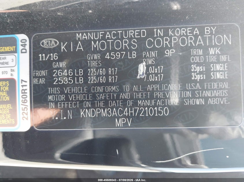 2017 Kia Sportage VIN KNDPM3AC4H7210150 IAAI salvage auction — NORMAL WEAR, Salvage Title, sold $1,800 on 2026-07-22 (photo 9)