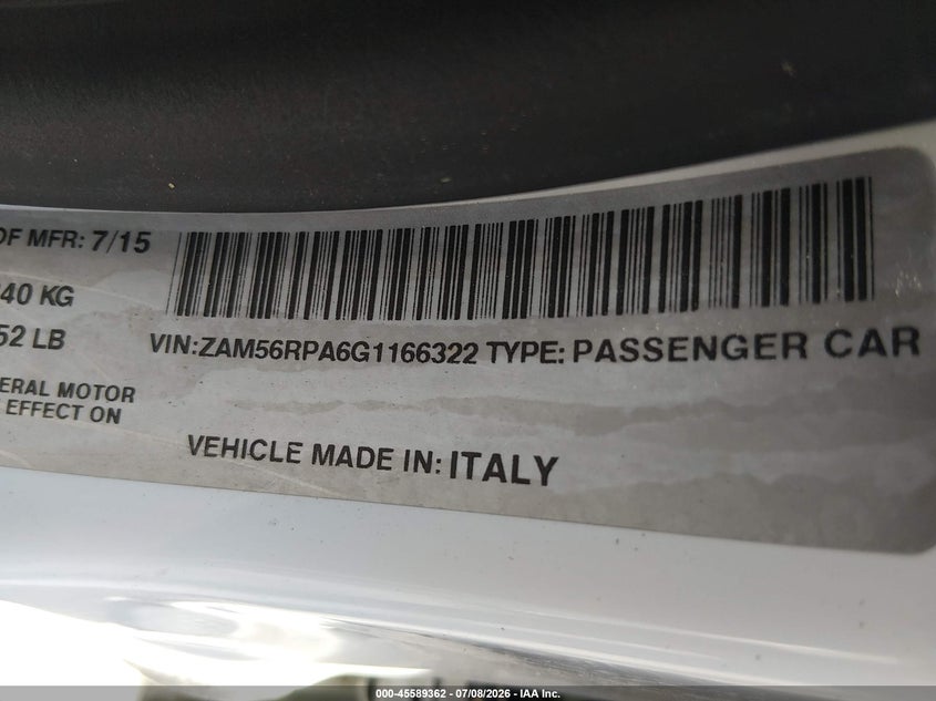 2016 Maserati Quattroporte VIN ZAM56RPA6G1166322 IAAI salvage auction — NORMAL WEAR, Salvage Title, sold $900 on 2026-07-24 (photo 9)