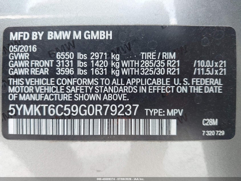 2016 BMW X5 VIN 5YMKT6C59G0R79237 IAAI salvage auction — NORMAL WEAR, Clear-Dealer Only (North Carolina), sold $6,200 on 2026-07-21 (photo 9)