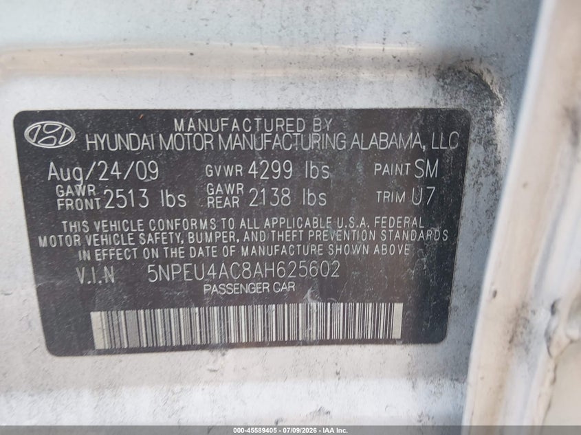 2010 Hyundai Sonata VIN 5NPEU4AC8AH625602 IAAI salvage auction — LEFT SIDE, Clear (Virginia), sold $25 on 2026-07-28 (photo 9)