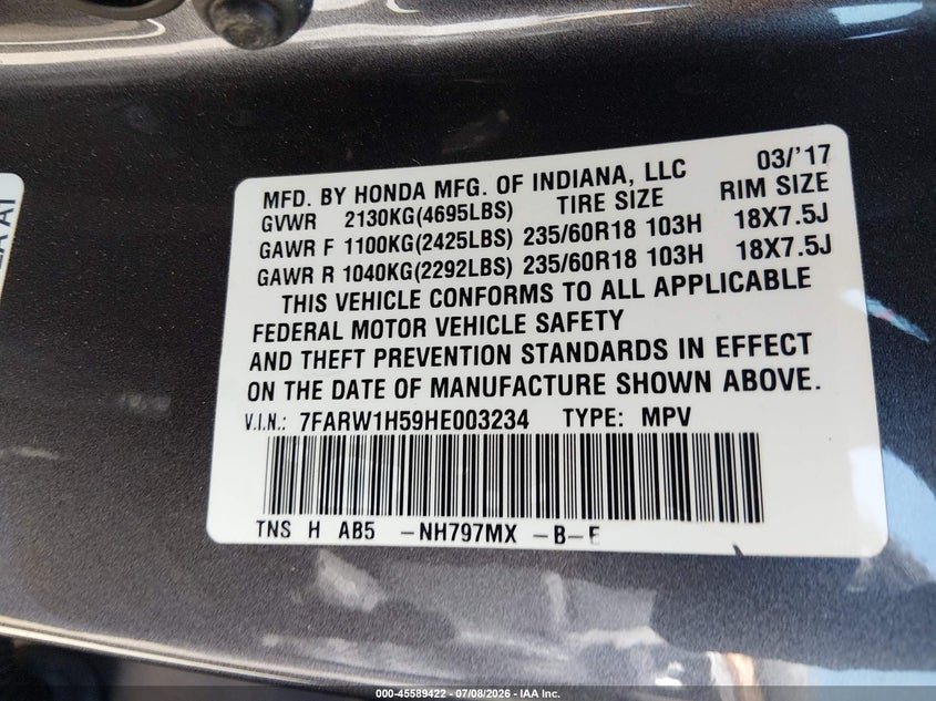 2017 Honda Cr-v VIN 7FARW1H59HE003234 IAAI salvage auction — REAR END, Salvage Title, sold $6,300 on 2026-08-01 (photo 9)