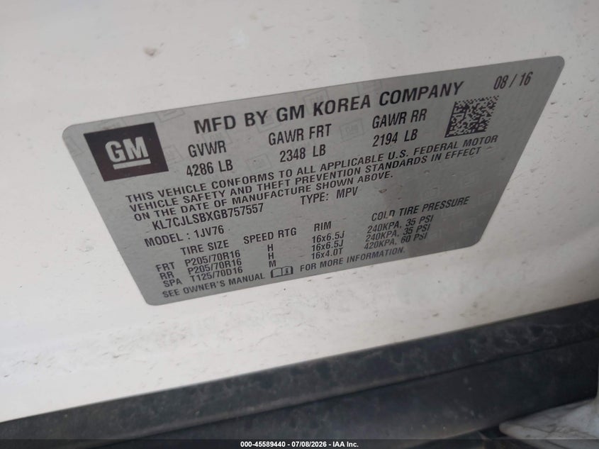 2016 Chevrolet Trax VIN KL7CJLSBXGB757557 IAAI salvage auction — NORMAL WEAR, Clear (Indiana), sold $725 on 2026-07-29 (photo 9)