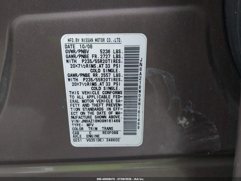 2009 Nissan Murano VIN JN8AZ18W09W161469 IAAI salvage auction — NORMAL WEAR, Clear (Virginia), sold $25 on 2026-07-14 (photo 9)