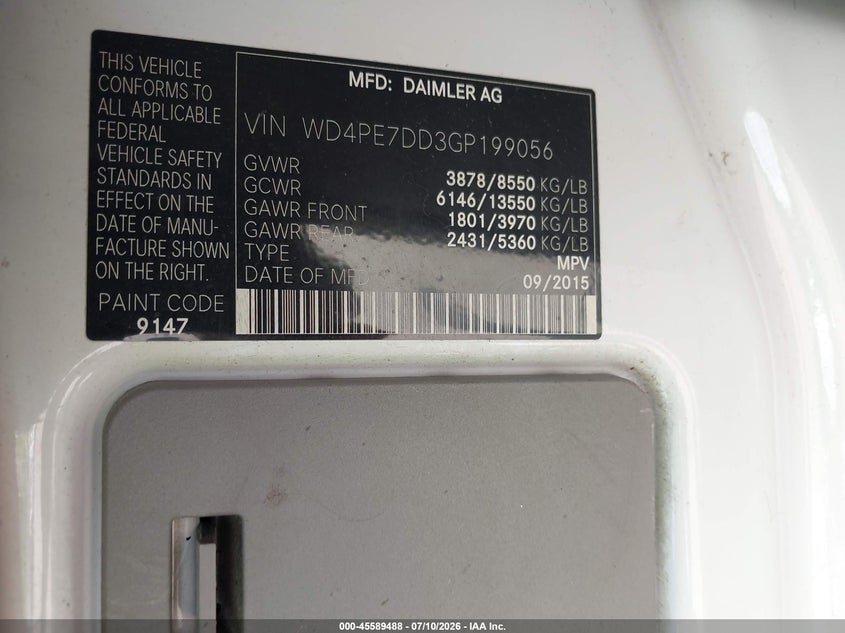 2016 Mercedes-benz Sprinter VIN WD4PE7DD3GP199056 IAAI salvage auction — NORMAL WEAR, Clear (Connecticut), sold $2,550 on 2026-07-16 (photo 9)