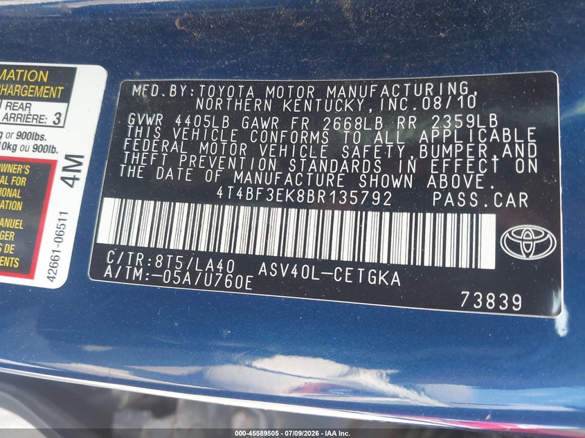 2011 Toyota Camry VIN 4T4BF3EK8BR135792 IAAI salvage auction — REAR END, Salvage (Georgia), sold $1,450 on 2026-08-03 (photo 9)