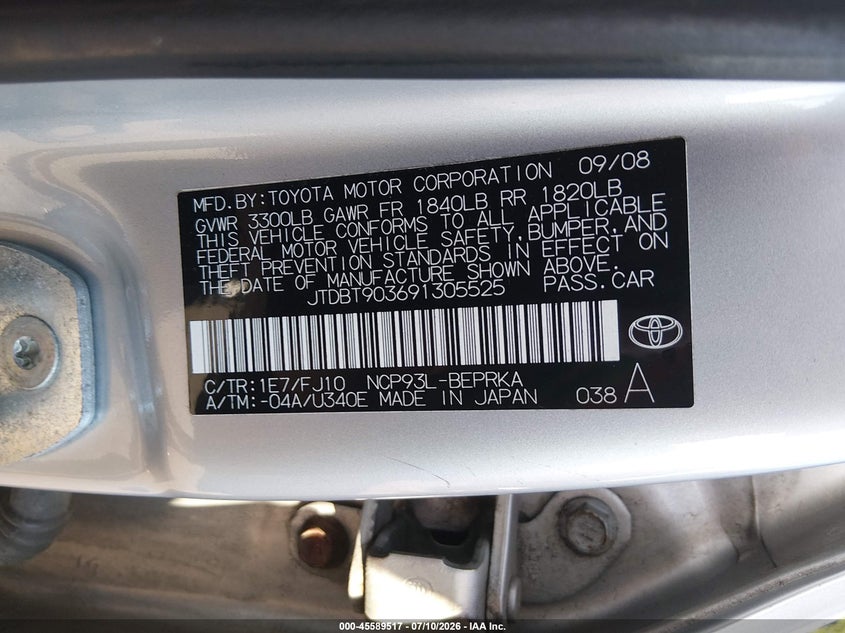2009 Toyota Yaris VIN JTDBT903691305525 IAAI salvage auction — FRONT END, Salvage - Greater Than 75% (Maryland), sold $900 on 2026-07-30 (photo 9)