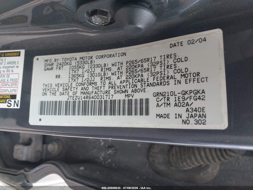 2004 Toyota 4runner VIN JTEZU14R640031717 IAAI salvage auction — REAR END, Salvage (North Carolina), sold $25 on 2026-07-24 (photo 9)
