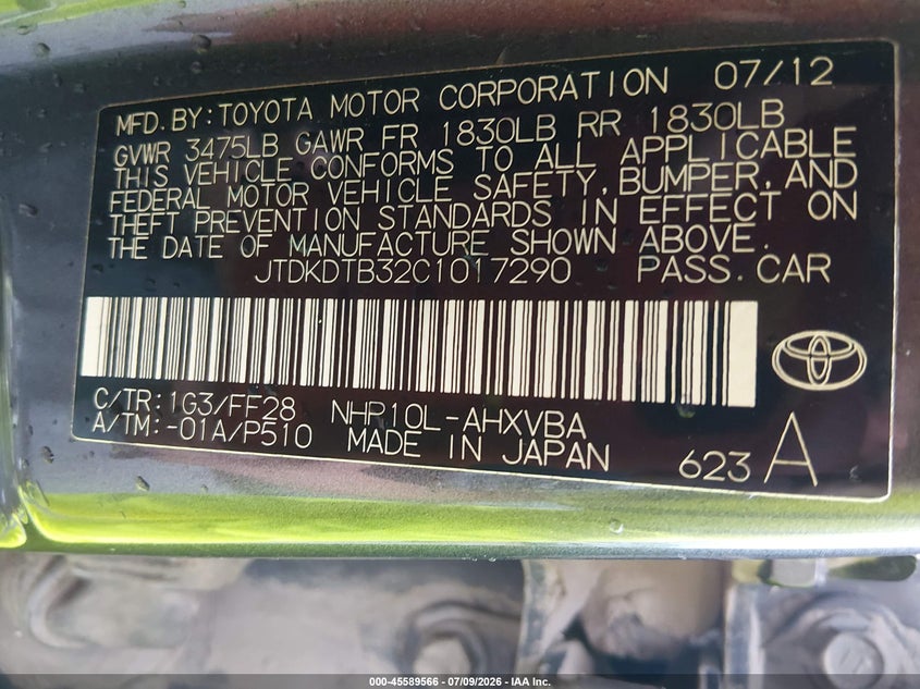 2012 Toyota Prius c VIN JTDKDTB32C1017290 IAAI salvage auction — NORMAL WEAR, Clear (Missouri), sold $1,675 on 2026-07-16 (photo 9)