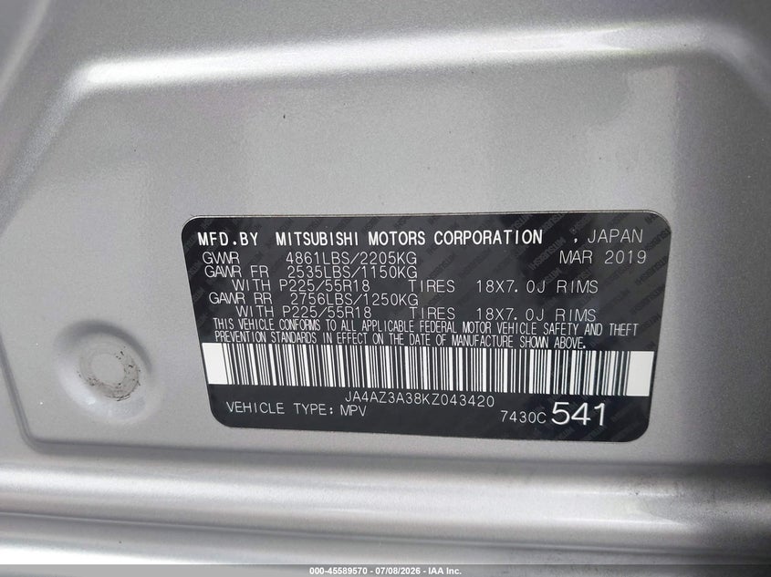 2019 Mitsubishi Outlander VIN JA4AZ3A38KZ043420 IAAI salvage auction — FRONT END, Clear (Florida), sold $950 on 2026-07-13 (photo 9)