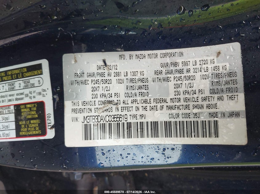 2012 Mazda Cx-9 VIN JM3TB3DAXC0355619 IAAI salvage auction — NORMAL WEAR, Original (Texas), sold $325 on 2026-07-16 (photo 9)