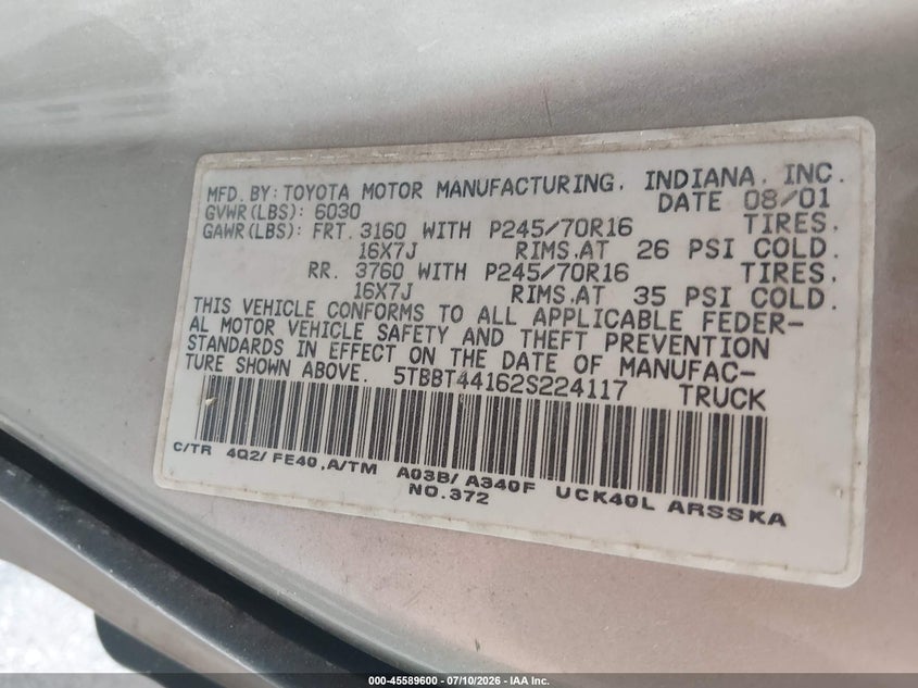2002 Toyota Tundra VIN 5TBBT44162S224117 IAAI salvage auction — NORMAL WEAR, Clear (Missouri), sold $475 on 2026-07-23 (photo 9)